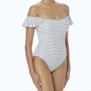 Vince Camuto Striped Ruffle Sleeve Swimsuit
